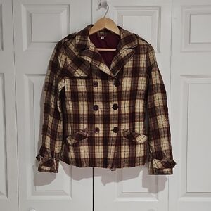 Plaid Double Breasted Wool Blend Jacket | Cropped Coat | Size M